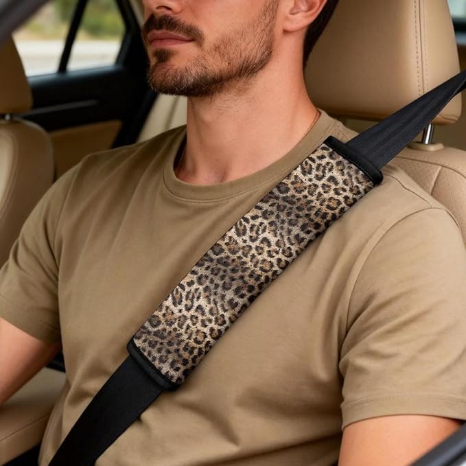 Psesaysky 5 Pcs Car Interior Set Leopard Cheetah Print Auto Front Seat Cover Soft Seatbelt Covers Center Console Armrest Pad Universal Car Accessories Fit Car SUV Auto Truck