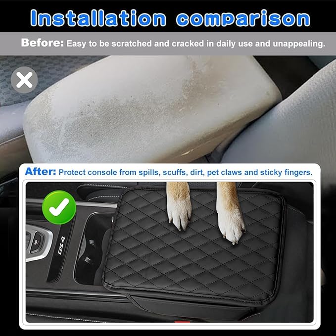 Car Center Console Cover Leather Armrest Cover Cushion with 2 Storage Bags Universal Car Armrest Seat Box Pad Car Interior Accessories Protector for Most Vehicle (Black line)