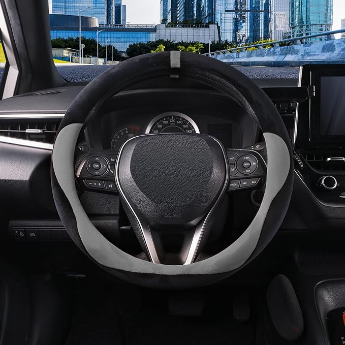 COFIT Plush Steering Wheel Cover Winter, Soft Warm Furry Grip Protector for Cars SUVs Trucks, Fits 14.5-15 Inch, Non-Slip Interior Accessory, Grey