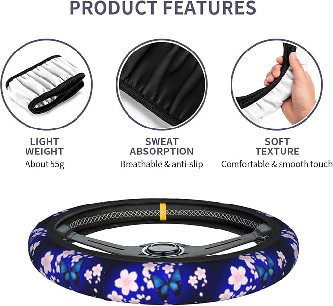Blue Butterfly Floral Steering Wheel Cover for Women Men Girls Car Accessories Decor Anti-Slip Neoprene Auto Steering Wheel Covers Protector Universal 15 Inch