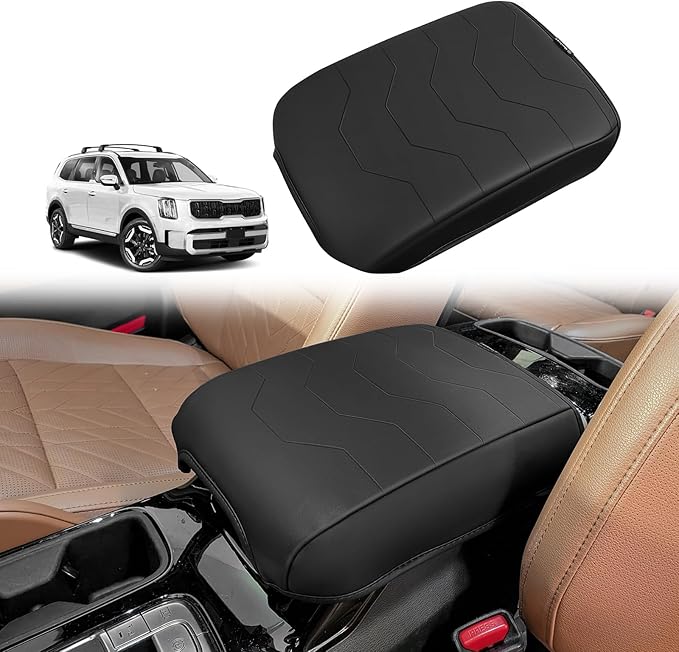 Muslogy Center Console Armrest Cover Compatible with 2020-2024 2025 Kia Telluride Comfort Armrest Pad Arm Rest Cushion Vegan Leather Protector Black Regular Thick