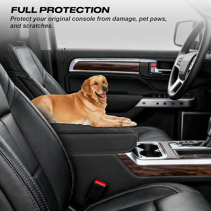 Center Console Armrest Cover Compatible with 2019-2026 Chevy Silverado GMC Sierra 1500 2500HD, 2021-2026 Tahoe Suburban Yukon, PU Faux Leather Console Protector Pad for Bucket Seat Accessories, Black