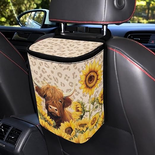 Highland Cow Car Trash Can Hanging Mini Auto Garbage Bin with Lid Washable Leak Proof Automotive Car Rubbish Bags for Back Front Seat，Car Interior Accessory