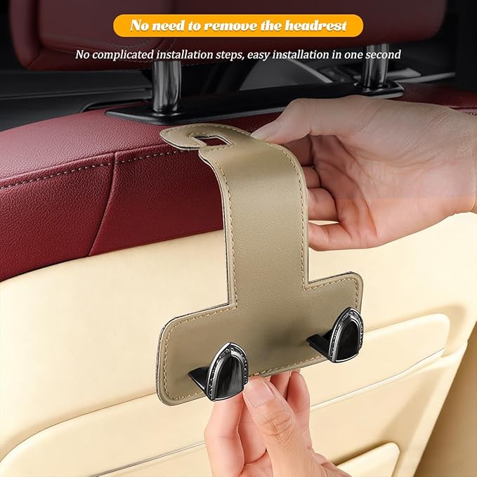 2PCS Car Headrest Hook, Dual Hook Leather Vehicle Back Seat Storage Organizer for Handbag Purse Hat, Multifunction Automotive Seat Back Hanger Holder, Universal for Most Vehicles (Beige)