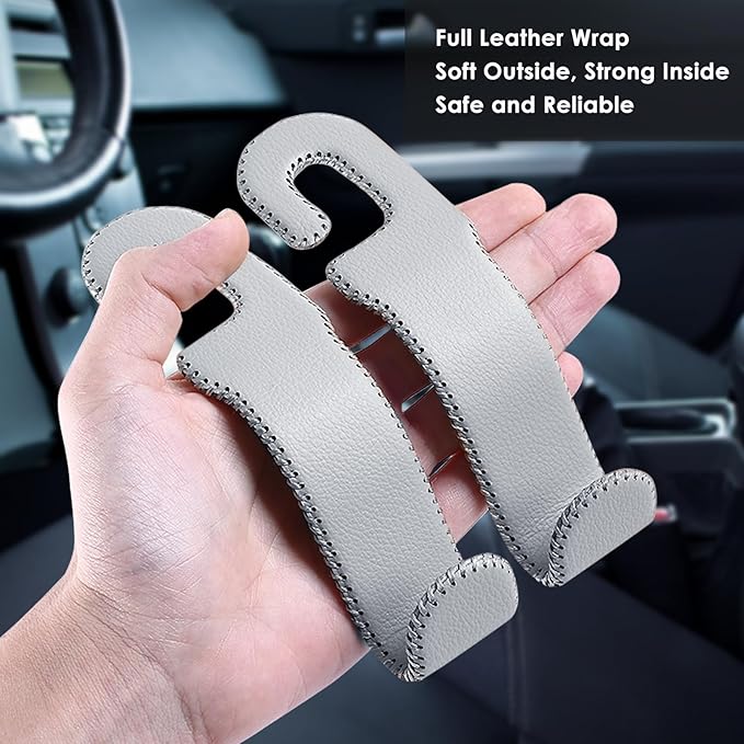 AMVOYOA Leather Car Seat Hooks - U-Shaped Purse Holder for Car, Fully Leather-Wrapped Headrest Hooks for Purses, Bags & Coats, Durable Seat Back Organizer for Travel & Daily Use (Gray, 2 Pack)