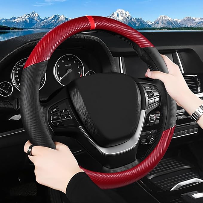 Black & Red Carbon Fiber Leather Steering Wheel Cover, Microfiber Leather, Anti-Slip, Breathable, Universal Fit for 14.5–15 in Steering Wheel Cover for Men Women