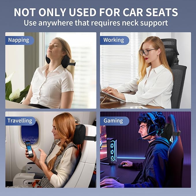 Dijialun Car Neck Pillow, Memory Foam Car Headrest Pillow for Driving with Adjustable Strap, Softness Breathable Removable Mesh Cover, Ergonomic Design for Office Chair, Driving, Black
