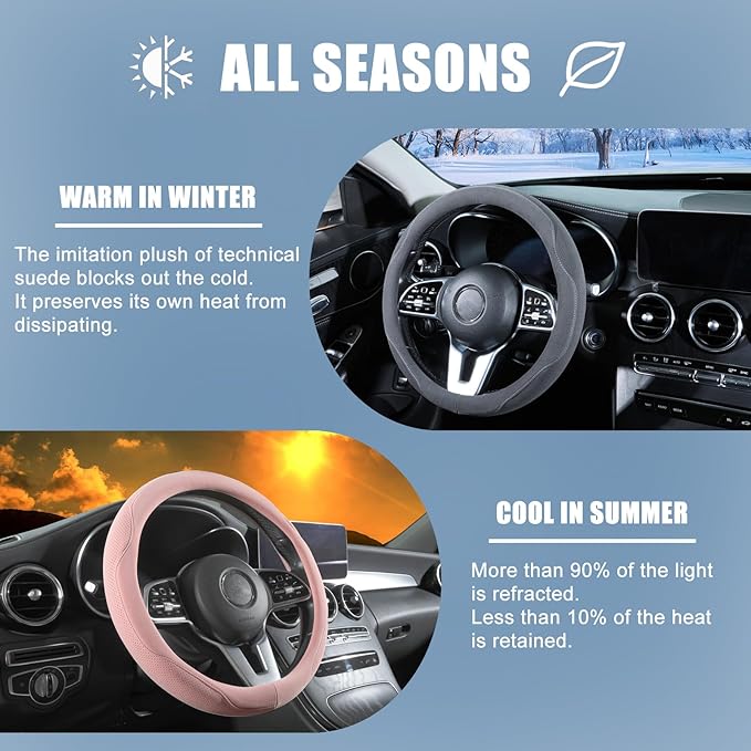 Pink Suede Steering Wheel Cover, Breathable Non-Slip Sweat-Proof Wear-Resistant No Pilling, Warm in Winter and Cool in Summer, Universal 15 inch