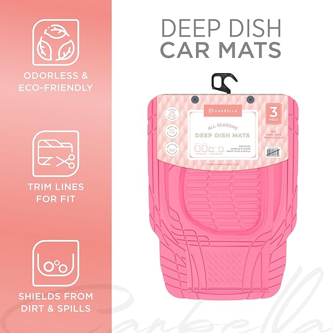 CARBELLA Rubber 4-Piece Pink Car Floor Mats - Universal Trim To Fit All Weather Champagne Pink Car Accessories - Girl Car Accessories for Women & Cute Car Mats for Women, Girly Car Decor, Truck, & SUV