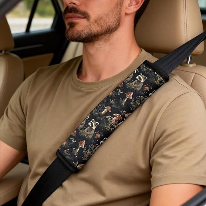 Psesaysky 5 Pcs Car Accessories, Raccoon Mushroom Front Seat Covers Full Set of 2 with Seat Belt Pads Cover Vehicle Center Console Armrest Cover Pad for Women Men Car Lover