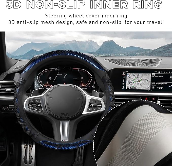 Car Steering Wheel Cover, 15 Inch Leather Round Comfy Grip Steering Wheel Protector, Anti-Slip Steering Wheel Cover with 3D Honeycomb for Most Vehicles, Car Accessories (Blue)