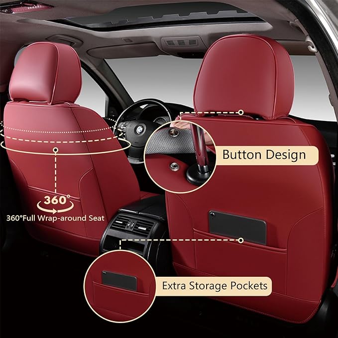 FLORICH Front Seat Covers for Cars, Luxury Waterproof Faux Leather Seat Covers Cushion, Car Seat Protectors Universal Fit for Most 5 Seats Vehicles - Red
