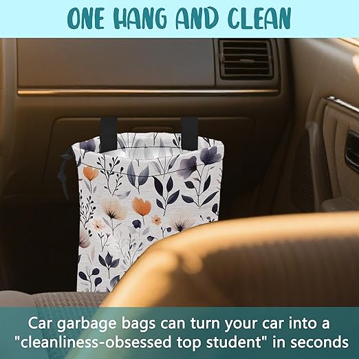 KXWQTRDD Car Garbage Bag Colorful Wildflowers and Leaves Hanging Canvas Car Trash Bag Drawstring Car Back Seat Organizer for Car Back Front Seat Console with Adjustable Buckle