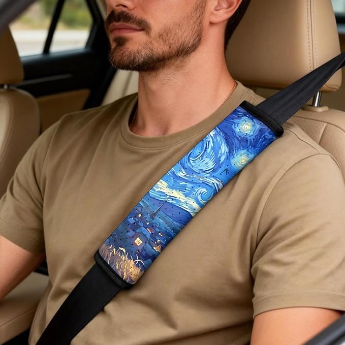 Psesaysky 5PCS Leather Auto Interior Decor, Blue Starry Sky Universal 2 Front Seat Covers, Armrest Cover, 2 Seat Belt Covers, Car Accessories Gift Set for Men Women