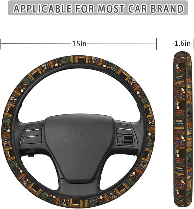 FeHuew Education Bookshelf Graduation Steering Wheel Cover for Women, Girls 15 inch Universal Auto Car Anti Slip Wrap Steering Wheel Covers Fit for Vehicles, Truck, SUV