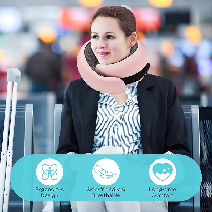 4litamz Travel Neck Pillows, 100% Memory Foam Filling, Travel Pillows for Airplanes, Compact and Ergonomic Design, Best for Sleeping Plane Train Travel Essentials (Light Pink)