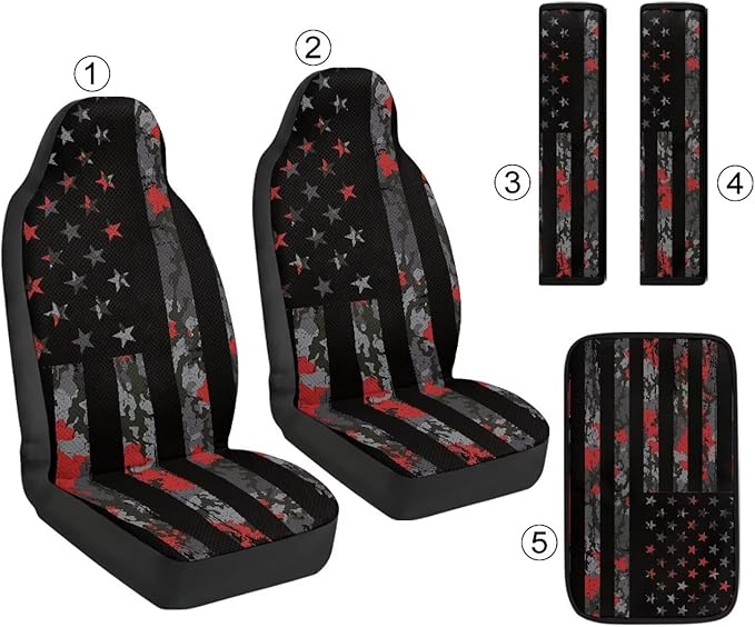 Oramclsy American Flag Car Seat Covers Set with Armrest Pad and Camouflage Seat Belt Cover 5 Pack Car Decor for Womens Men Universal Size