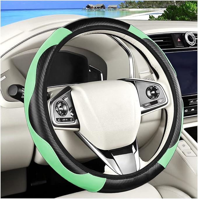 Carbon Fiber Car Steering Wheel Cover, 14.5-15 Inch Elastic Stretch Steering Wheel Guard, Sports Style Non-Slip Automotive Interior Accessories, Universal for Vehicles (Green)