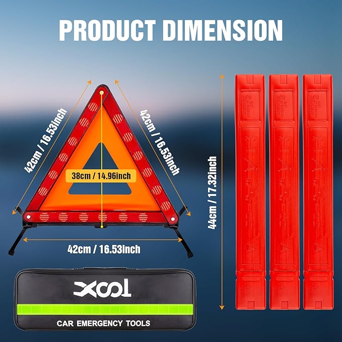 XOOL Triple Warning Triangle Emergency Warning Triangle Reflector Safety Triangle Kit Suitable for Roadside Emergencies, 3-Pack