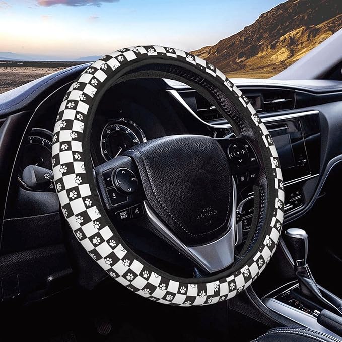 FeHuew Cute Dog Cat Paws Plaid Steering Wheel Cover for Women, Girls 15 inch Universal Auto Car Anti Slip Wrap Steering Wheel Covers Fit for Vehicles, Truck, SUV