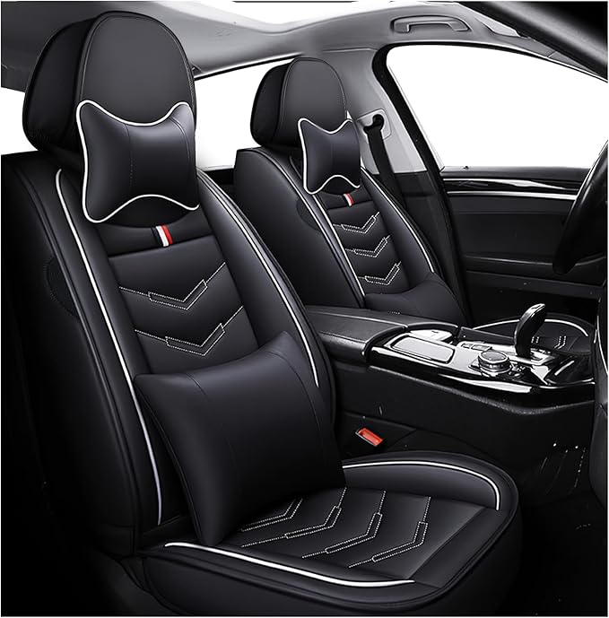 MVRVMV Luxury Car Seat Covers for GMC Acadia 2007-2026, Nappa Leather Auto Seat Cover with 2 Neck Pillows and 2 Lumbar Supports (2 Seat Luxury, Black-White)