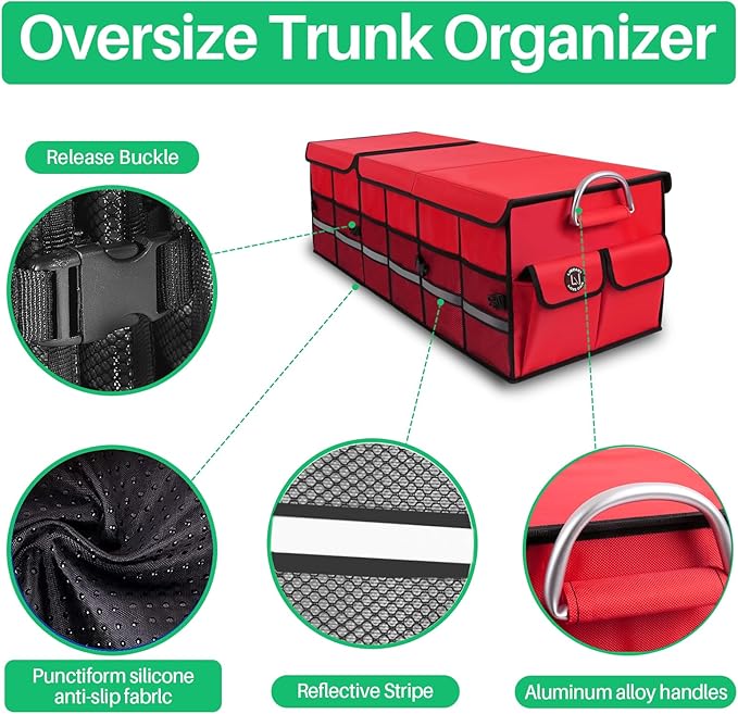 LI LIBZAKI Big Car Trunk Organizer, Cargo Organizer SUV Trunk Storage Non Slip Bottom Waterproof Collapsible Durable Multi Compartments-(Oversize,Red)
