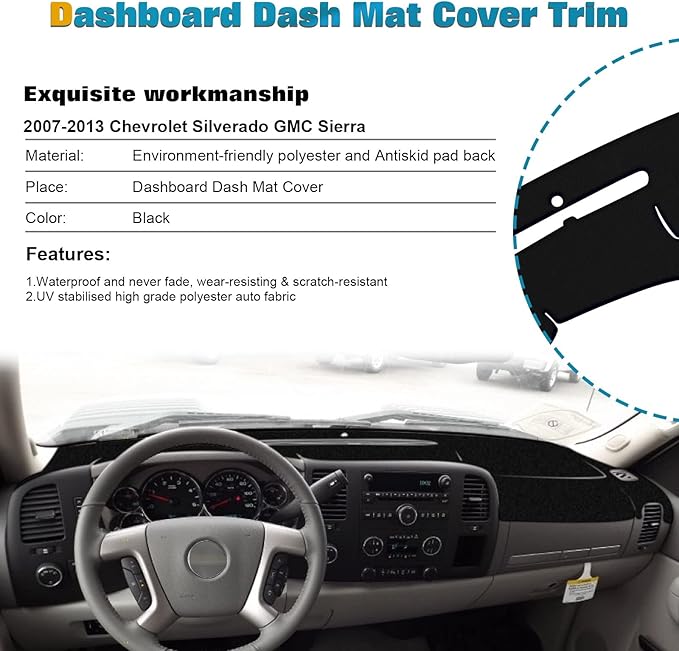 x xotic tech Center Console Dashboard Mat Pre-Cut Non-Slip Sunshield Sun Glare Protector Dash Carpet Pad Black Cover Compatible with Chevrolet Silverado or GMC Sierra 2007-2013,w/Two Golve Box-Type C