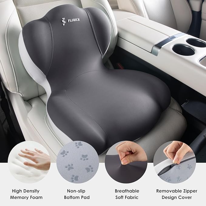 FLORICH Memory Foam Truck Seat Cushion,Car Seat Cushion and Lumbar Support Pillow for Office Chair, Ergonomic Back Support & Sciatica Relief for Long Drives(Light Beige Grey)