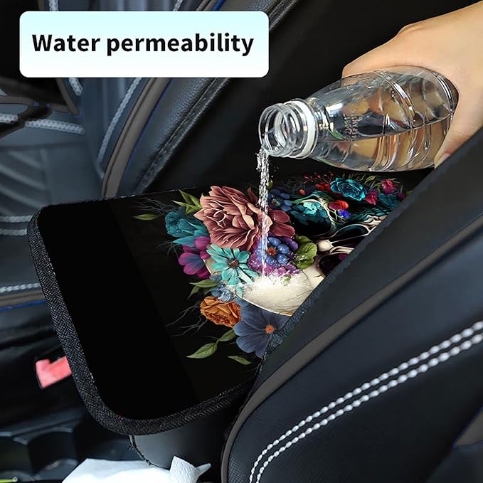 Auto Center Console Cover Arm Rest Cover for Car Truck,Universal Waterproof Car Armrest Cover Pad Middle Console Storage Box Covering Protector+Car Coasters-Skull Flower
