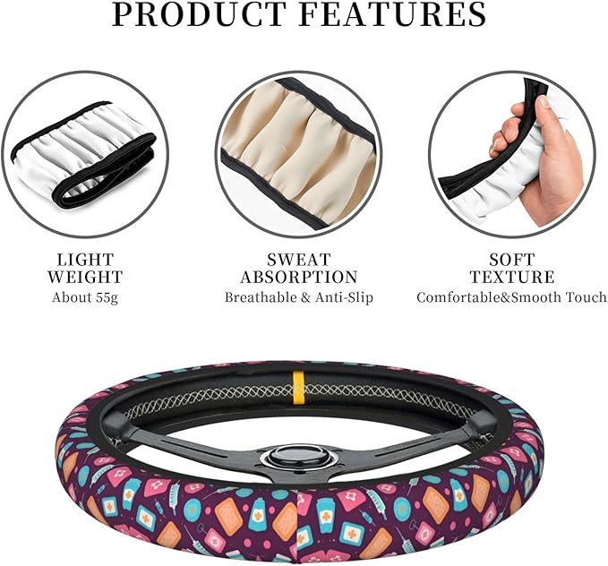 Medical Nursing Neoprene Steering Wheel Covers Women Men Car Accessories, Universal 15 Inch Fit Auto, Suvs, Truck