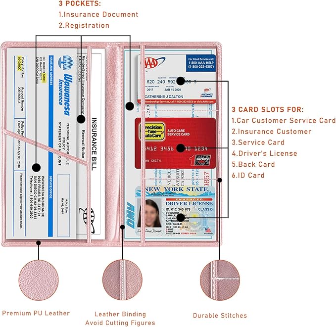 Kewucn Car Registration and Insurance Card Holder, Leather Auto License Document Glove Box Compartment Organizer, Essentials Vehicle Wallet Case for Driver License, ID Card (Rose Gold)