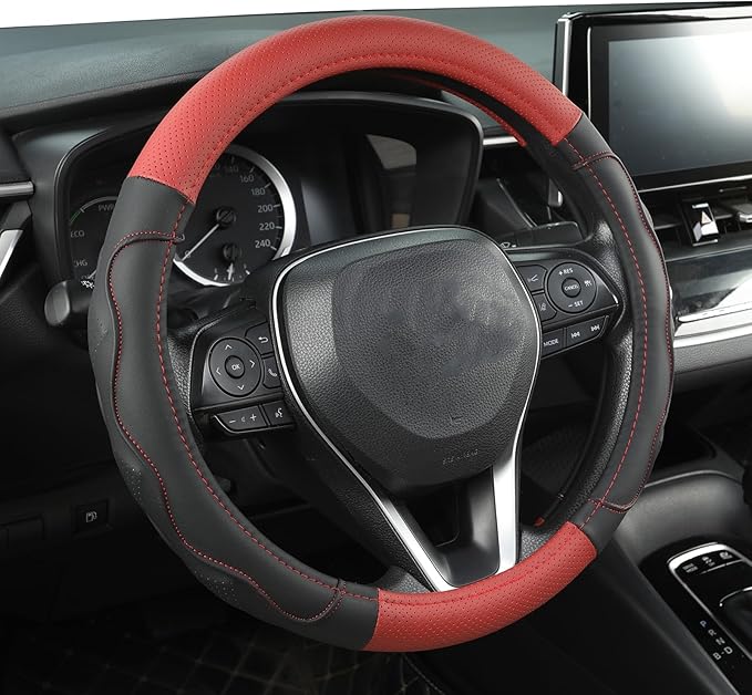 West Llama 3D Texture Steering Wheel Cover for Toyota, Anti-Slip Design, Premium Leather, Custom Fit for 14.5-15 inch, Stylish Interior Decoration(Red+Black-Standard Size)