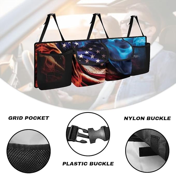 American Flag Fire Car Trunk Organizer and Storage, Backseat Hanging Organizer with 4 Waterproof Storage Bag with Adjustable Straps - Car Interior Accessories for SUV, Truck, Van, Cargo