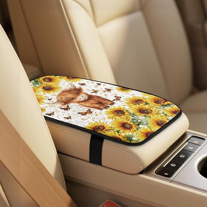 Qeluxign 5 Piece Car Seat Covers Full Set for Men Women PU Leather Front Seats Cover Auto Seatbelt Shoulder Pads Vehicle Center Console Armrest Cover,Highland Calf Sunflower Butterfly