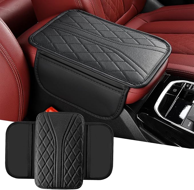 KoiLuvGo Upgraded Car Center Console Cover, Leather Auto Armrest Cover with 2 Storage Bags, Waterproof Center Console Protective Pad, Universal Cars Armrest Storage Box for Sedan, SUV, Truck (Black)