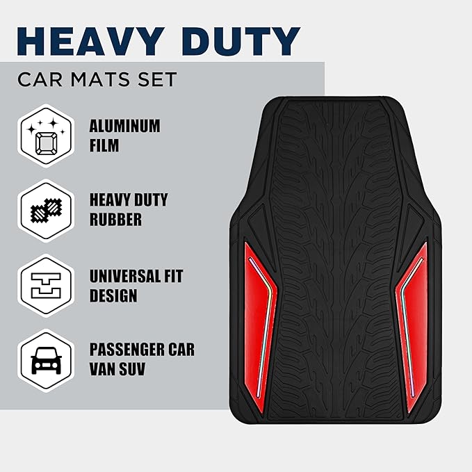 PIC AUTO Rubber Floor Mats, Red Aluminum Film with Colorful Piping Floor Mats for Cars, Car Mats with Non-Slip Backing, All-Weather Protection, Trim-to-Fit Liner for Cars, SUVs, Trucks, Vehicles