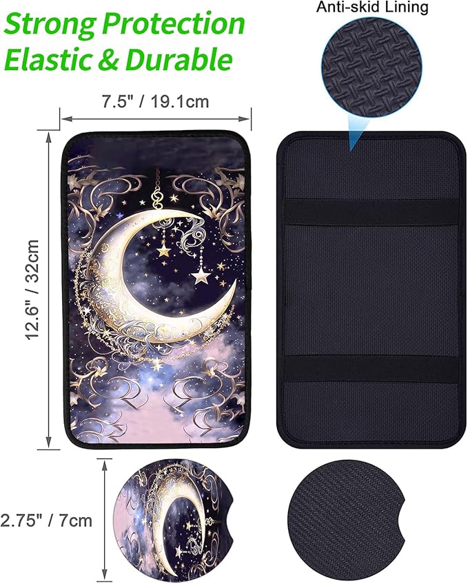 JANENFNA Car Armrest Cover Pads Universal Fashion Cute Auto Center Console Armrest Cover Pad with 2PCS Car Coasters Soft Waterproof Car Armrest Seat Protector for Women,Crescent Stars in Sky