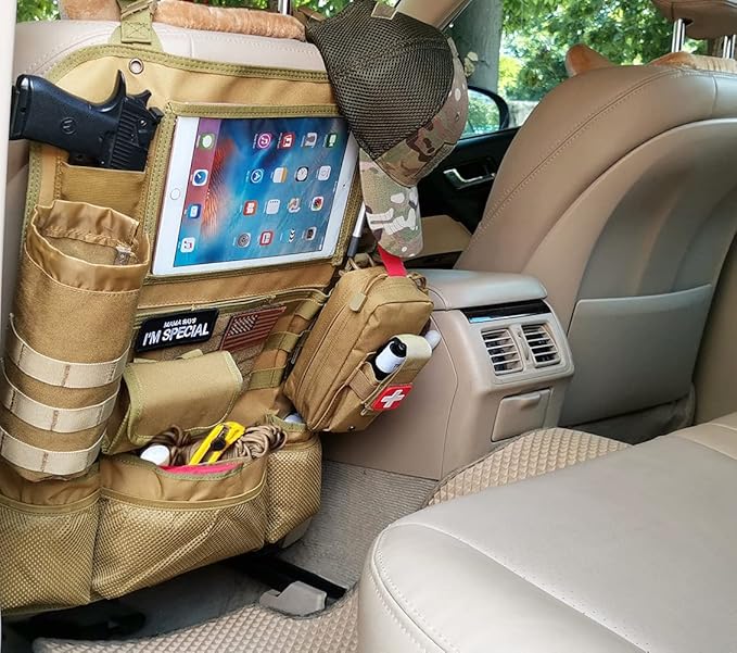 Upgrade Tactical MOLLE Car Back Seat Organizer With 14 Multi-Pockets and 4 Detachable Pouches: Trucker hat, Trauma Medical & Water Bottle Pouch, EDC Pouch, Vehicle Protector Organizer