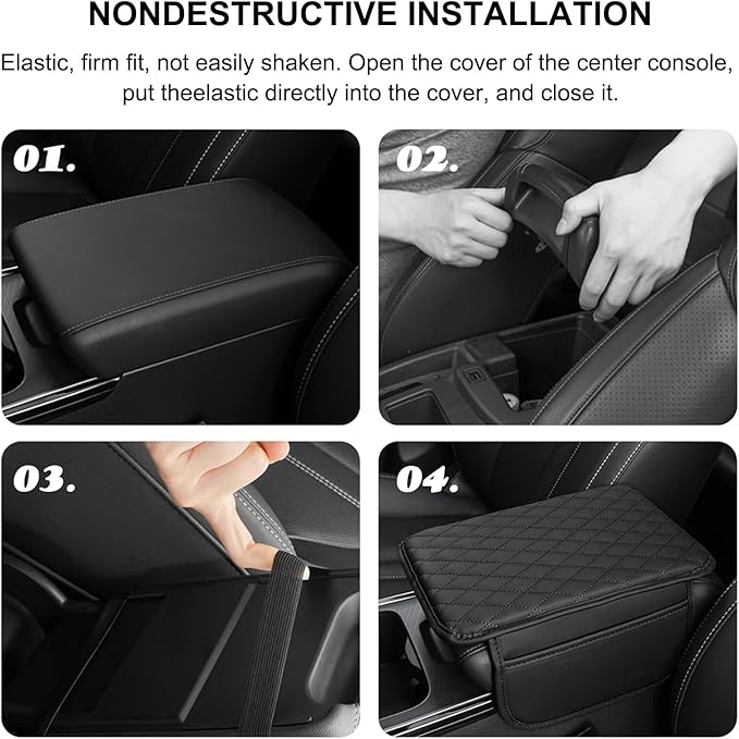 Car Center Console Cover Leather Armrest Cover Cushion with 2 Storage Bags Universal Car Armrest Seat Box Pad Car Interior Accessories Protector for Most Vehicle (Black line)