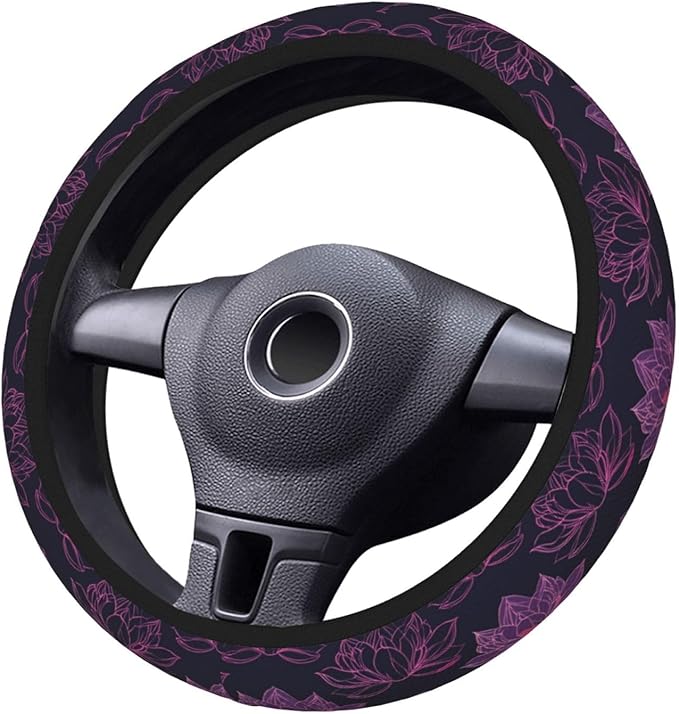 Pink Lotus Flowers Steering Wheel Cover for Women Men Girls, Car Accessories Decor Thickened Anti-Slip Auto Steering Wheel Covers Protector Universal Fit 15 Inch for Cars, Truck, SUV