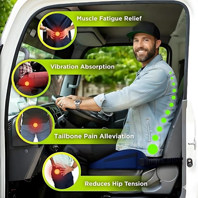 Medium Truck Seat Cushion for Truck Driver Seat Cushion - Upgraded Back Support, CertiPUR-US® Certified - Thick Memory Foam, Pain Relief for Hours of Driving, Trucker Approved Big Rig - Navy