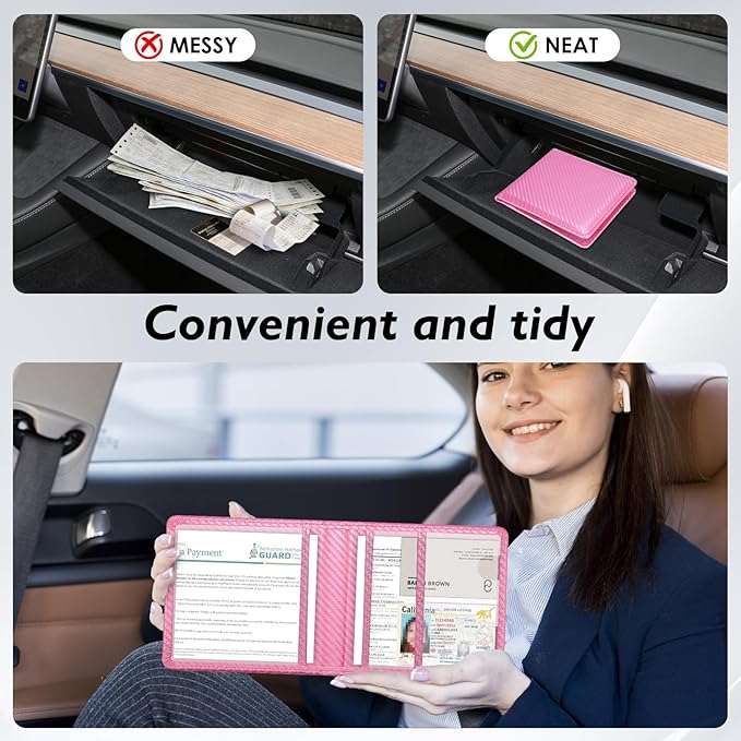 Tavonis Car Registration and Insurance Card Holder，Small Glove Box Organizer for Men and Women，Car and Truck Driver License, Documents, Card Storage Accessories，Pink