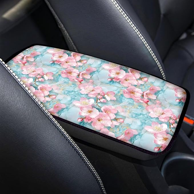 Cherry Blossom Marble Print Auto Center Console Cover Arm Rest Cover for SUV Truck,Soft Car Arm Rest Cover Universal Fit