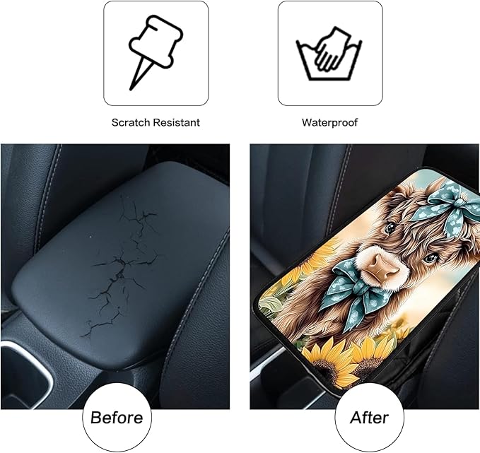 JANENFNA Car Armrest Cover Pads Universal Fashion Cute Auto Center Console Armrest Cover Pad with 2PCS Car Coasters Soft Waterproof Car Armrest Seat Protector for Women,Cow with Blue Bows-A
