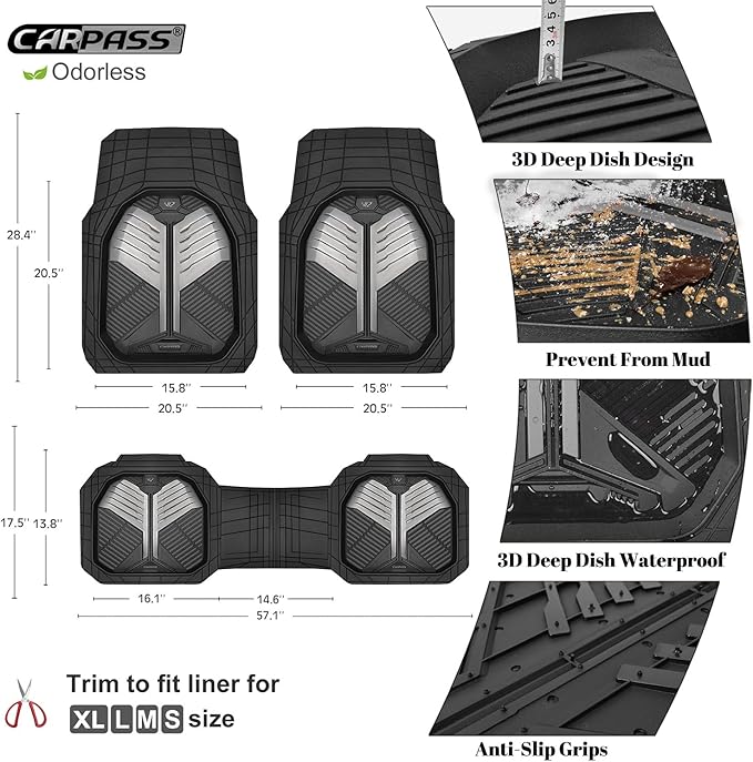 CAR PASS Heavy Duty Rubber Car Mats, Deep-Dish Car Floor Mats All Weather, Universal Two-Tone Trim-to-Fit for SUVs Trucks Sedans, Waterproof Anti-Slip, 3 Pieces V12 Black and Metallic Gray