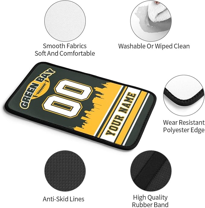 Custom Green Bay Car Armrest Covers Personalized Football Style with Name Number Customized Auto Center Console Pad Car Handrail Box Cushion for Most Vehicle Decor Accessories, Fans Gift