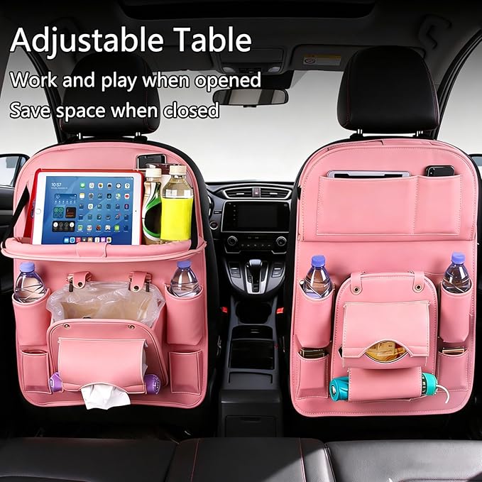Car Seat Organizer, Multifunctional Backseat Protector Mat, Storage Bag and Tray Rack, Trash Storage (Suitable for Cars, Children, Back of Seats, and Rear Seats) (Pink, Leather 1-Piece Set)