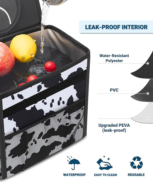 Capolo Car Trash Can with Lid, Leakproof Car Trash Bag Hanging Waterproof Automotive Garbage Can with Storage Pockets Mini Vehicle Trash Bin for Back/Front Seat(Cow Print,3 Gallon)