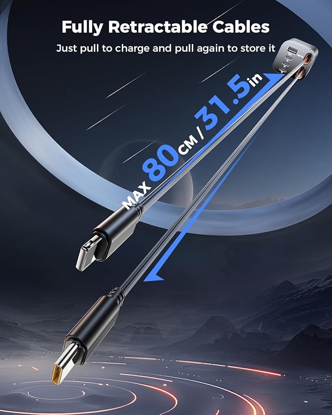 Retractable Car Charger, SUPERONE 99W Car Phone Charger with Cables Fast Charging, USB C Car Charger Adapter for iPhone 17 16 15 14 13 12, Samsung, Black
