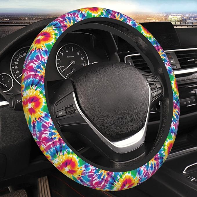 Tie Dye Neoprene Steering Wheel Cover for Men Women Anti-Slip Elastic Colorful Steering Wheel Protective Cover 15in Universal Car Accessories Fit Cars, SUVs, Auto
